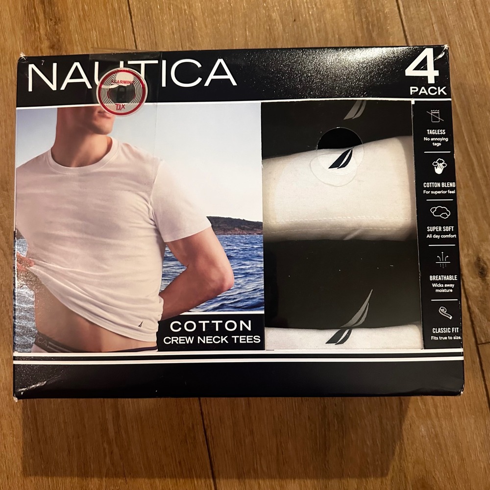 Nautica Mens 4 Pack Cotton Blend Crew Neck Tees Black White Small S 34-36